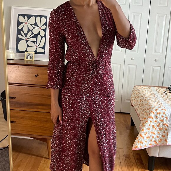 Reformation Bree Animal Print Burgundy Red Midi Dress (XS) - Picture 2 of 12